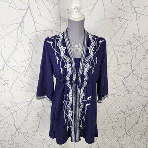 Purple Ethnic Floral Embroidered Cinch Waist Babydoll Tunic